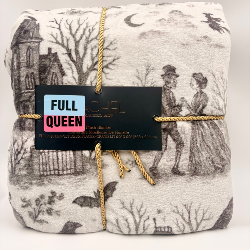Rachel Roy Halloween Toile Plush Blanket Full Queen Haunted House Victorian Grey